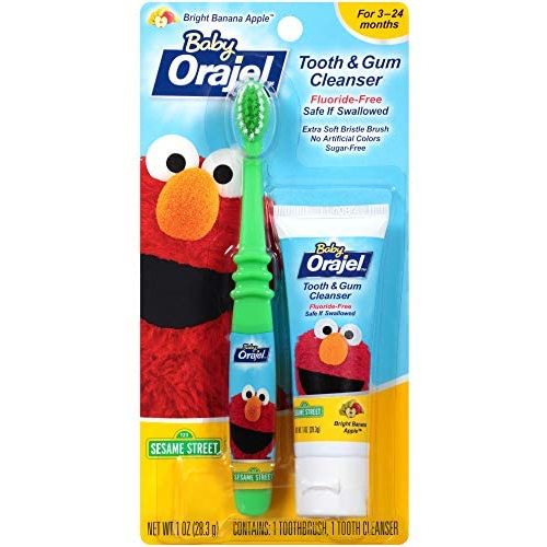 Orajel Elmo Fluoride-Free Tooth & Gum Cleanser with Toothbrush, Combo Pack, Banana Apple Flavored Non-Fluoride, 1 oz.