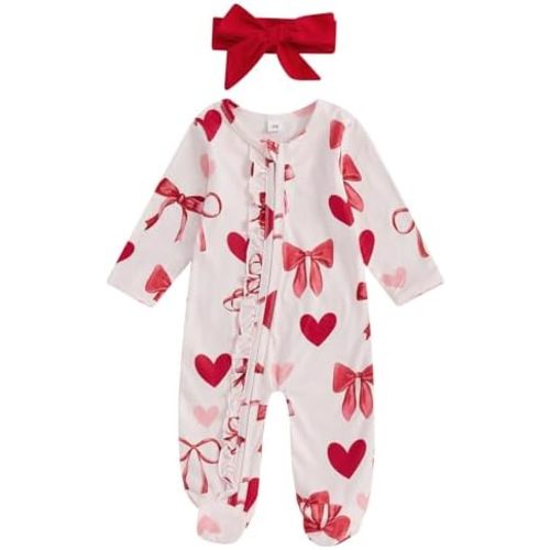 Valentines Baby Girl Outfit Bowknot Heart Footie Romper Long Sleeve Onesie Newborn Christmas Clothes