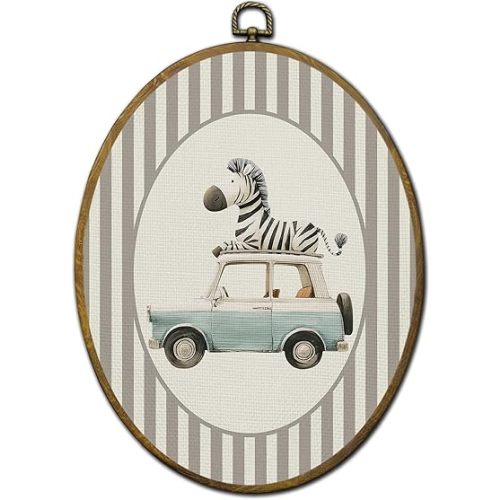 QZQE Zebra Animal Nursery Oval Wall Art Decor Framed, Kids Room Oval Canvas Prints, Zebra on Car Neutral Striped Animal Wall Hanging Decor for Kids Boy Toddler Room Bedroom Playroom, 8.6x11.4 Inch