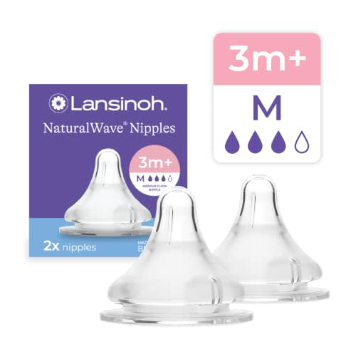 Lansinoh NaturalWave Baby Bottle Nipples, Medium Flow (M), 2 Count | 3-6 Months, 100% Soft, Durable Silicone, Made without BPA BPS, Anti-Colic, Supports Baby's Developing Mouth and Teeth