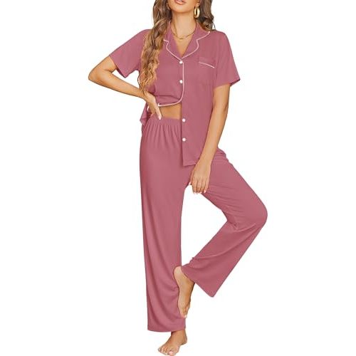 Ekouaer Womens Pajama Sets Button Down Pjs Lounge Sets 2 Piece Short Sleeve Sleepwear Soft Comfy Loungewear