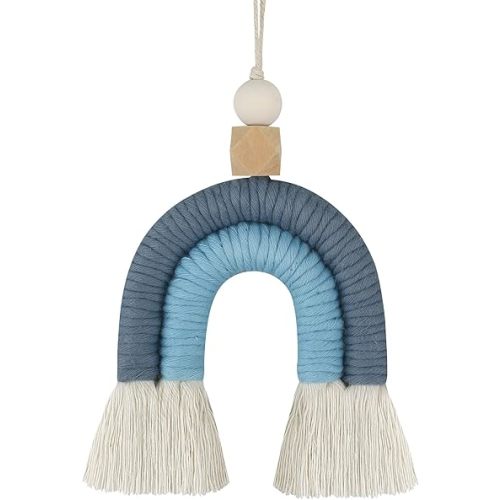 Macrame Rainbow Charm Boho Felt Ball Wood Bead Essential Oils Diffuser Interior Decor Handmade Car Accessories Colorful Hanging Air Freshener Decor(Blue)