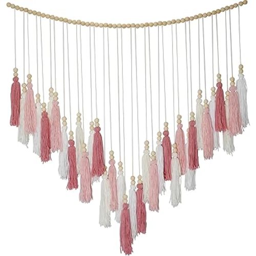 Pink&White Large Macrame Wall Haning Boho Decor,Blush Pink Tassel Wall Decor Bohemian, Pink Bedroom Living Room Girls Room Décor Nursery Dorm Decoration Boho Gift for Girls Woman Gifts