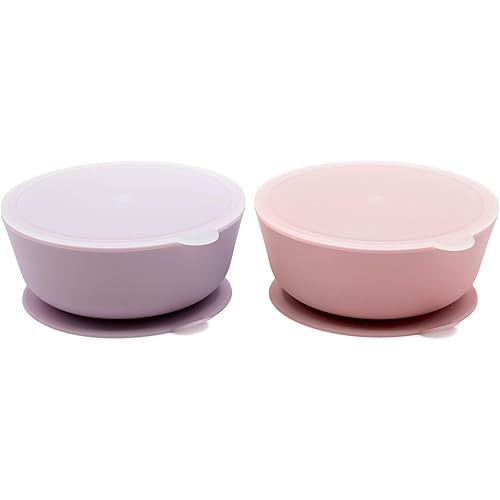 WeeSprout Suction Bowls for Baby & Toddlers (Set of 2) - 100% Silicone w/Plastic Lid - Leak Proof Feeding Supplies - Dishwasher & Microwave Safe Infant Dinnerware w/Extra Strong Base