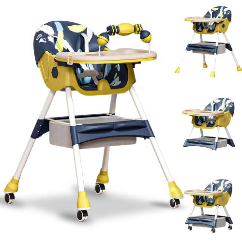 BEJOLO Baby High Chair, 4-in-1 Foldable Highchair Dining Feeding Chair with Double Dining Plate & Toy Rack, Infant to Toddler, Blue and Yellow