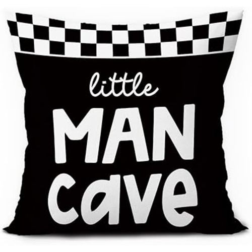 Boys Car Room Decor, Little Man Cave Pillow Cover 18x18, Trendy Black and White Checkerboard Decorative Throw Pillow Case for Boys Bedroom Playroom Nursery