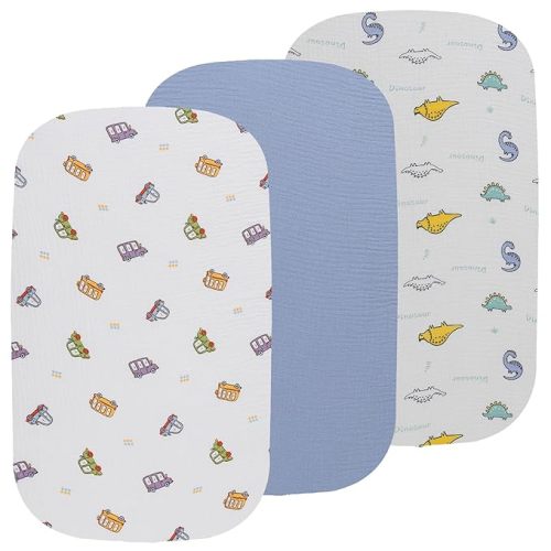 Onacosht Muslin Bassinet Sheets 3 Pack, 100% Cotton Baby Fitted Sheet 33" x 19" Compatible with Mika Micky, KoolaBaby (3 in 1), BabyBond, HARPPA and RICUTON Bedside Bassinet, Dinosaur Car and Blue
