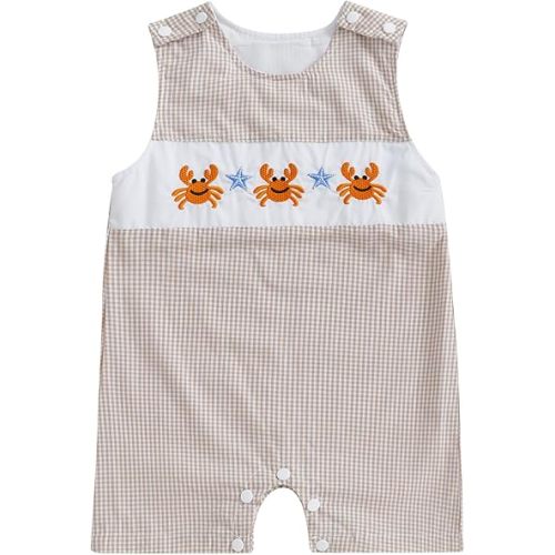Karuedoo Newborn Baby Boy Summer Clothes Animal Embroidery Plaid Sleeveless Romper Jumpsuit Overall Bodysuit One-Piece Outfit