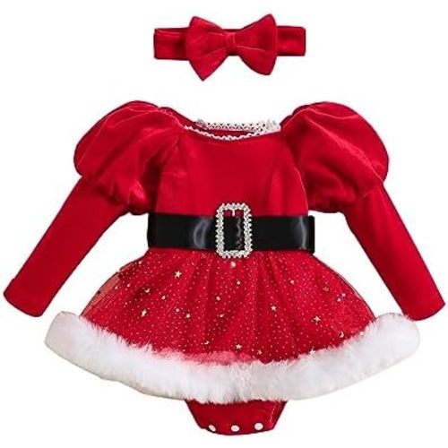 Toddler Baby Girl Christmas Dresses Long Sleeve Romper Dress Infant Santa Claus Princess Outfit