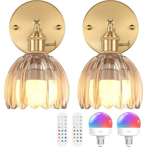 Vintage Battery Operated Wall Sconce with Cute Amber Tulip Glass Lampshade Wireless Rechargeable Battery Powered Wall Light with Remote Control for Bedside Bedroom Doorway, Set of 2