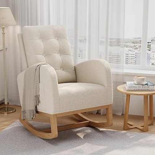 GarveeHome Nursery Rocking Chair, Teddy Fleece Upholstery, Sturdy Wooden Legs & High Backrest, Comfortable Glider Rocking Chair for Living Room or Bedroom, White