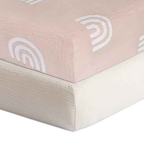 Meracorallo Muslin Fitted Crib Sheets, 2 Pack Soft Breathable Cotton Baby Crib Sheet, Boho Neutral Crib Sheet for Standard Crib and Toddler Mattress 28"x52" (Rainbow & Fog)