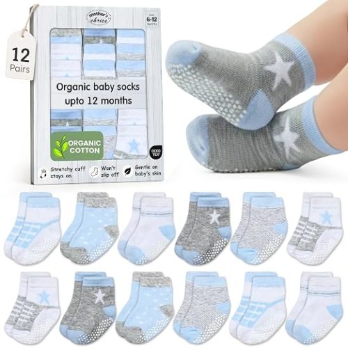 Mother's Choice Baby Socks 0-6 Months 12 Pairs Warm Neutral Organic Cotton Blend Newborn Socks for Boys & Girls Stay-On Stretch Infant Socks OEKO-TEX Certified Baby Gift