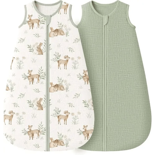 Konssy Muslin Baby Sleep Sack 0-6 Months 0.8 TOG, 2 Pack 100% Cotton Wearable Blanket for Babies, 2-Way Zipper Breathable Sleeping Sack Infant Toddler Essentials for Girls and Boys (Woodland,Sage)