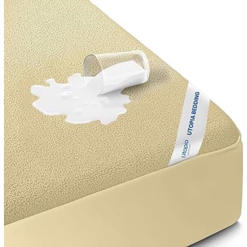 Waterproof King Size Mattress Protector fits Upto 17" deep Mattresses | Utopia Bedding 200 GSM Soft & Breathable Mattress Cover, Dirt-Proof, Noiseless, Machine Washable Fitted Sheet Style, Beige