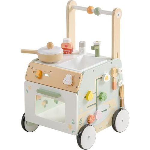 ROBOTIME Baby Walker Push Toy, Adjustable Height & Speed, Prevents Bow Legs, Spring Garden Activity Center with Clock, Shape Sorter, Play Kitchen, and Sink, Ideal Toddler Walking Toy for 10+ Months