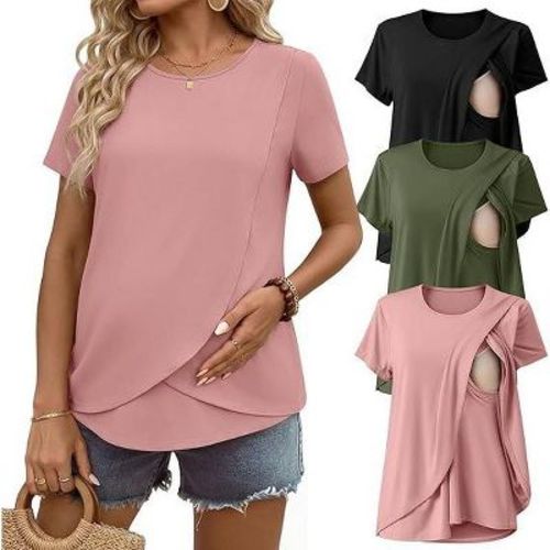 Ekouaer Nursing Shirts Short Sleeve Breastfeeding Tops Summer Maternity T Shirts Postpartum Double Layer Clothes Army Green/Black/Pink M