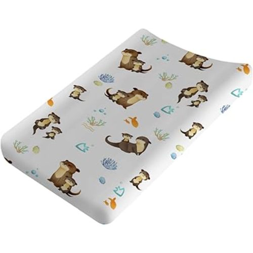 Cute Sea Otter Changing Pad Covers for Boy Girl 32''x16'' Cute Animals Family Fitted Diaper Baby Changing Table Pad Mats Cartoon Sea Animals Comfort Soft Breathable Nursery Cradle & Bassinet Bed Sheet