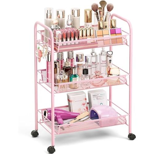 TOOLF 3-Tier Metal Rolling Cart, Mesh Wire Easy Assemble Utility Cart, Storage Trolley on Wheels with 3 Hooks, Metal Storage Shelving Units for Kitchen Bathroom Laundry Room