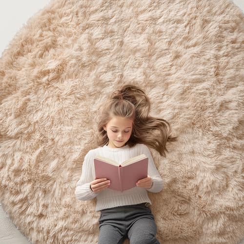 OLANLY Beige Round Rugs for Bedroom - Machine Washable, 6 ft Circle Area Rugs for Living Room, Soft and Fluffy Shaggy Carpet for Teen Girls and Boys, Nursery Rooms, Dorms, Home Decor Aesthetic