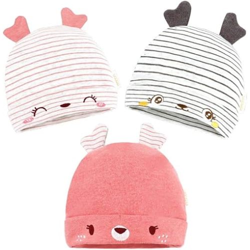 DOKMA 3 Pieces Newborn Baby Hat Animal Ears Infant Caps Baby Boy Girl Toddler Hats Beanie Caps, Pink, 0-3 Months