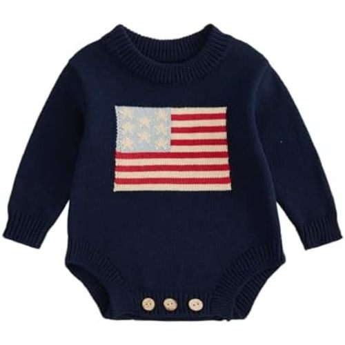 Infant Baby Boy Girl American Flag Sweater Romper Long Sleeve USA Knit Bodysuit 4th of July Patriotic Outfit