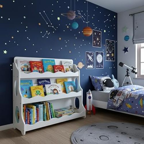 Kids Bookshelf Wooden Montessori Book Shelf Dutch Design 3Tier Scalloped White Gift