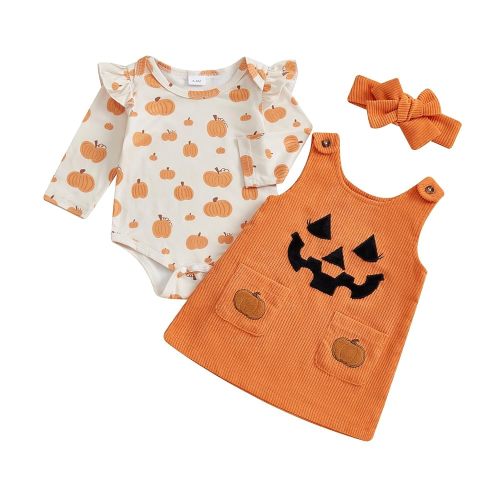 Adobabirl My First Halloween Baby Girl Outfit Pumpkin Ruffle Long Sleeve Romper Overall Dress Headband Cute Fall Clothes
