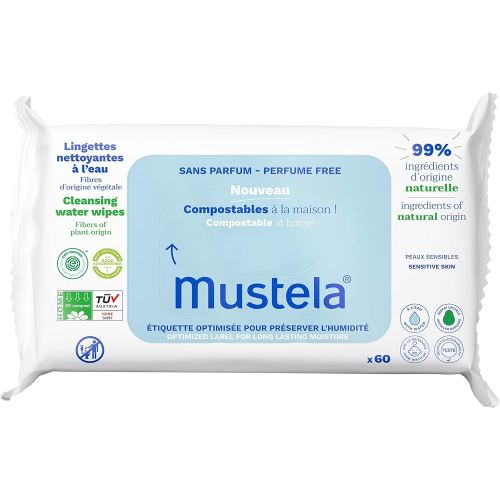 Mustela Baby Home Compostable Cleansing Wipes - Fragrance Free - Natural Avocado - For Face, Body & Diaper Area - 99% ingredients of natural origin & plant-based fibers - For all skin types - 60 ct.