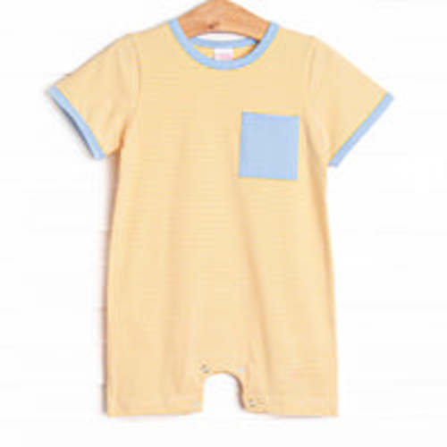 Evan Short Romper, Light Blue and Yellow Stripe – Stitchy Fish