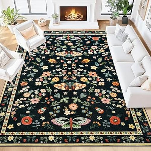5x7 Area Rugs for Living Room, Soft Washable Insect Rug for Bedroom, Floral Butterfly Low Pile Modern Carpet Non Slip Thin Large Throw Carpets for Dining Room Kitchen Home Office, Black