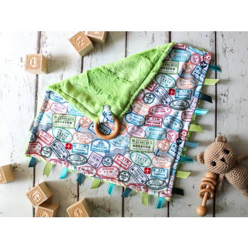 World Travel Minky Baby Lovey: Personalized Security Blanket with Wood Ring and Ribbon