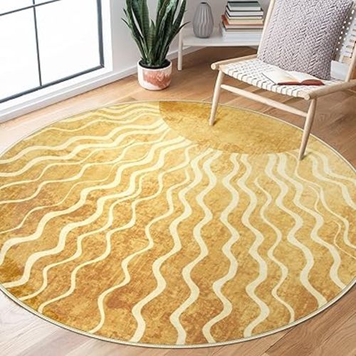 Wonnitar Sun Print Round Area Rug, Boho Washable 5ft Circle Rug for Kids Room Playroom, Gradient Yellow Ultra-Thin Non-Slip Round Carpet for Living Room Classroom Bedroom Entryway