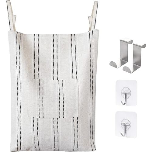 AELS Farmhouse Hanging Laundry Hamper with 2 Hooks, Boho Beige & Black Stripes Laundry Bag with Zipper & Wide Open Top, Over the Door Organizer for Dirty Clothes, Washable Space Saving Storage