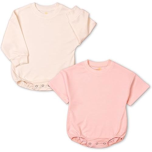 Baby Girl Romper Set 2-Pack Cotton Bodysuits, Long Sleeve & Short Plain Outfit, Newborn Infant Outfit for Girls