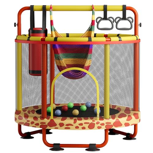 ZCMHAXJ 55" Trampoline for Kids with Enclosure, 440lbs Capacity Indoor & Outdoor Toddler Trampoline with Adjustable Gymnastics Bar & Toys, for Boys & Girls
