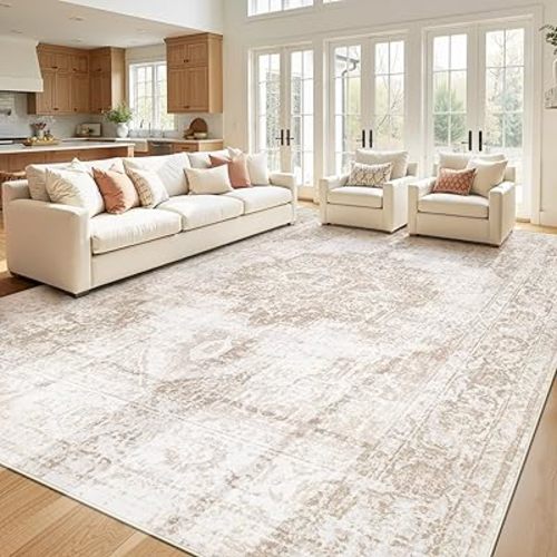 Area Rug 10x12 Vintage Rug: Large Washable Indoor Medallion Rugs Low Pile Distressed Floor Carpet Retro Accent Rug for Living Room Bedroom Dining Room Home Office(Beige, 10'x12')