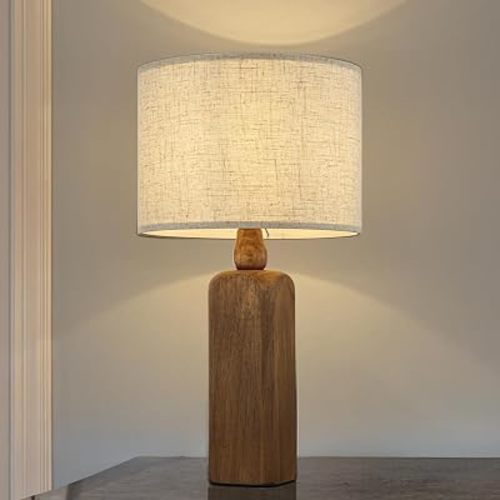 Natural Wood Table Lamp W22 inch 1-Light Bedside Desk Lamp with Beige Fabric Drum Shade Small Nightstand Lamp for Bedroom Living Room Dining Room