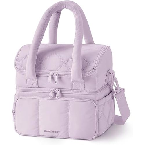 BAGSMART Lunch Bag Women, Double Deck Insulated Lunch Box, Quilted Puffer Lunch Tote, Leakproof, Durable & Reusable Large Lunch Cooler For Work Picnic Travel Meal Prep, Lavender Purple