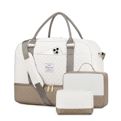 Travel Duffle Bag Weekender for Women: Travel Duffel Carry-On Overnight Bags with Shoe Compartment & Wet Pocket Large Weekend Tote Beige Khaki