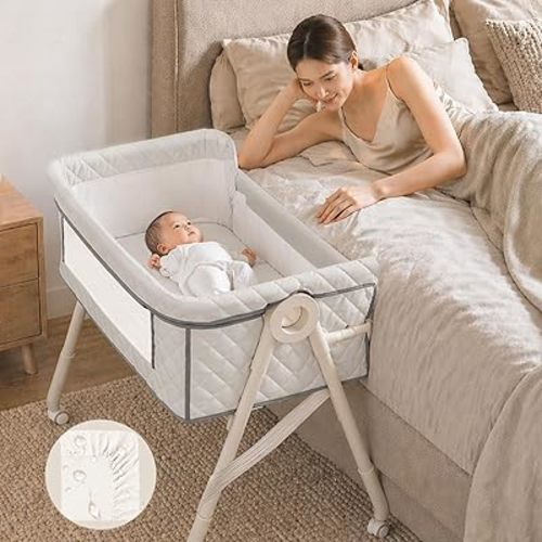Baby Bassinet, Bassinet Bedside Sleeper for Baby, 3 in 1 Bedside Bassinet, Bassinets for Newborn with Wheels, Mattress, Waterproof Sheet, Mosquito Net, Breathable Mesh, Portable Baby Crib(Stone)