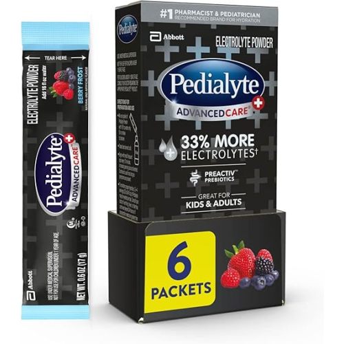 Pedialyte AdvancedCare Plus Electrolyte Powder, Has 33% More Electrolytes and PreActiv Prebiotics, Berry Frost, 6 Powder Packets