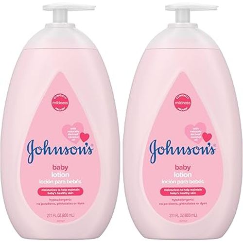 Johnson's Moisturizing Mild Pink Baby Lotion with Coconut Oil for Delicate Baby Skin, Paraben-, Phthalate- & Dye-Free, Hypoallergenic & Dermatologist-Tested, Baby Skin Care, 27.1 Fl. Oz (Pack of 2)