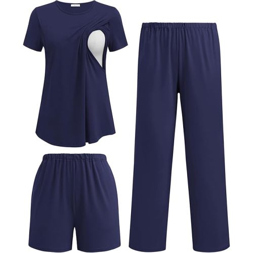 Ekouaer 3 Piece Maternity Pajamas Set Postpartum Nursing Short Sleeve Breastfeeding Sleepwear Pregnancy Shorts & Pants Pjs