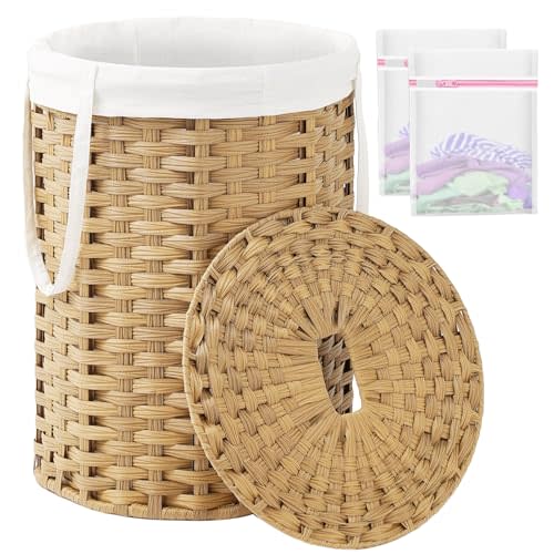 SETVSON Laundry Hamper with Lid Laundry Basket with Lid 19.0 Gal (72 L) Round Wicker Laundry Basket Handwoven Rattan Hamper Removable Bag 2 Mesh Bags Handles for Living Room Bathroom Natural