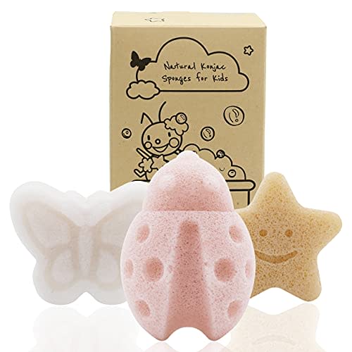 myHomeBody Konjac Baby Sponge for Bathing, Cute Shapes Natural Kids Bath Sponges for Infants, Toddler Bath Time, Natural and Safe Plant-Based Toys, 3pc. Set: Butterfly, Ladybug, Star