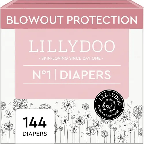 LILLYDOO Baby Diapers - Size 1 (4-11 lbs), Monthly Supply (144 Count), Leak Protection, Skin-Friendly, Ultrasoft, Perfume- & Chlorine-Free, Hypoallergenic, Dermatologist Tested, Oeko-TEX®