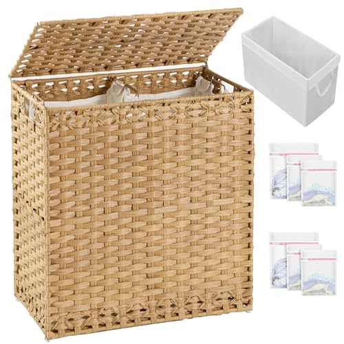 SETVSON Laundry Hamper with Lid Wicker Laundry Basket 112 L (29.6 Gal) Laundry Hampers Handwoven Rattan Clothes Hamper with Handles 3 Removable Liner Bag, 6 Mesh Bags for Bathroom Bedroom Natural
