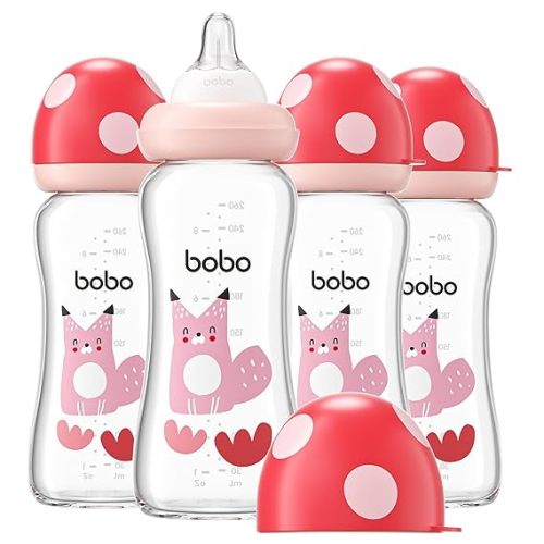 YOHKOH Natural Glass Baby Bottle with Level 2 Medium Flow Nipple, Newborn Anti-Colic Baby Bottles, Wide Neck Mushroom Baby Glass Bottle (8.8ounce (Pack of 4), Red2)