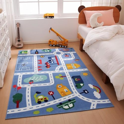 Amazon Basics Kids Washable Area Rug, Printed Carpet Play Mat for Living Room, Bedroom, Nursery, Classroom, 4' W × 6' L, City Road Blue